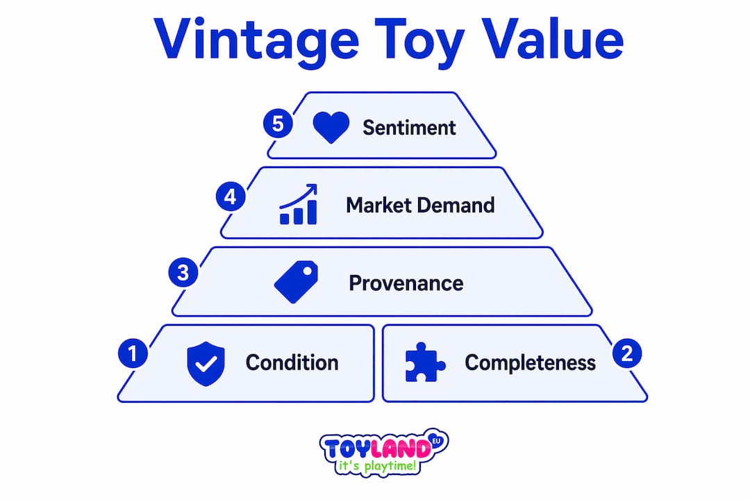 Infographic showing ranked factors of vintage toy value
