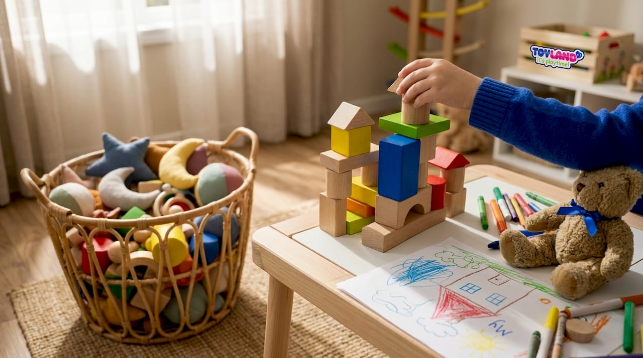 Hands assembling open-ended wooden blocks