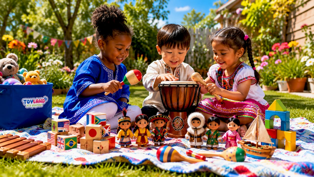 Overhead view of diverse multicultural toys