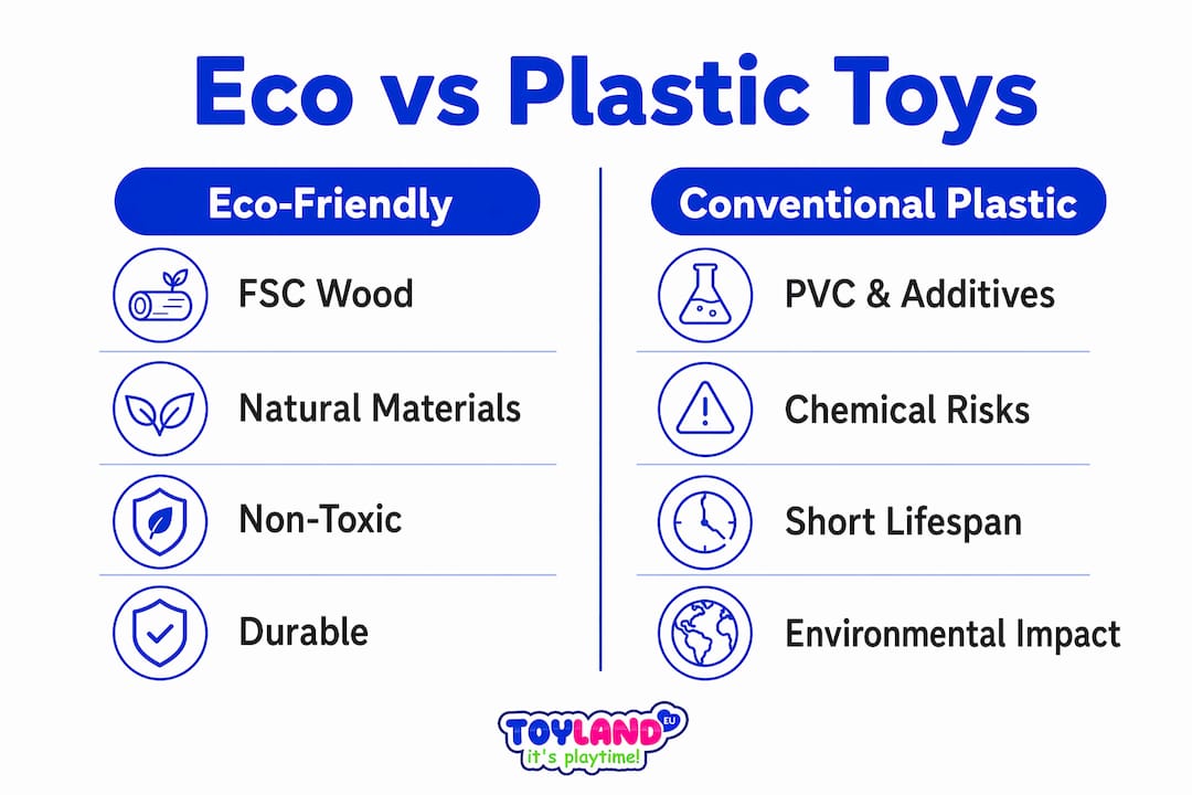 Comparison infographic of eco-friendly and conventional plastic toys
