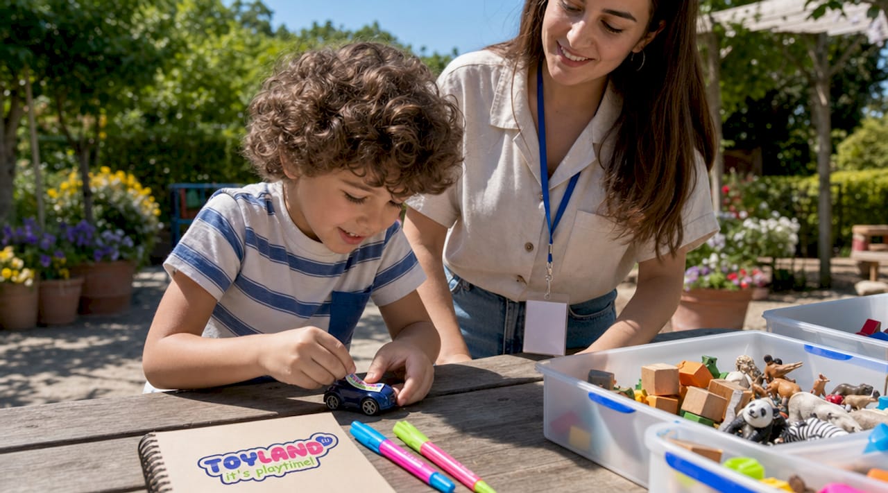 Child labeling toy in classroom setting