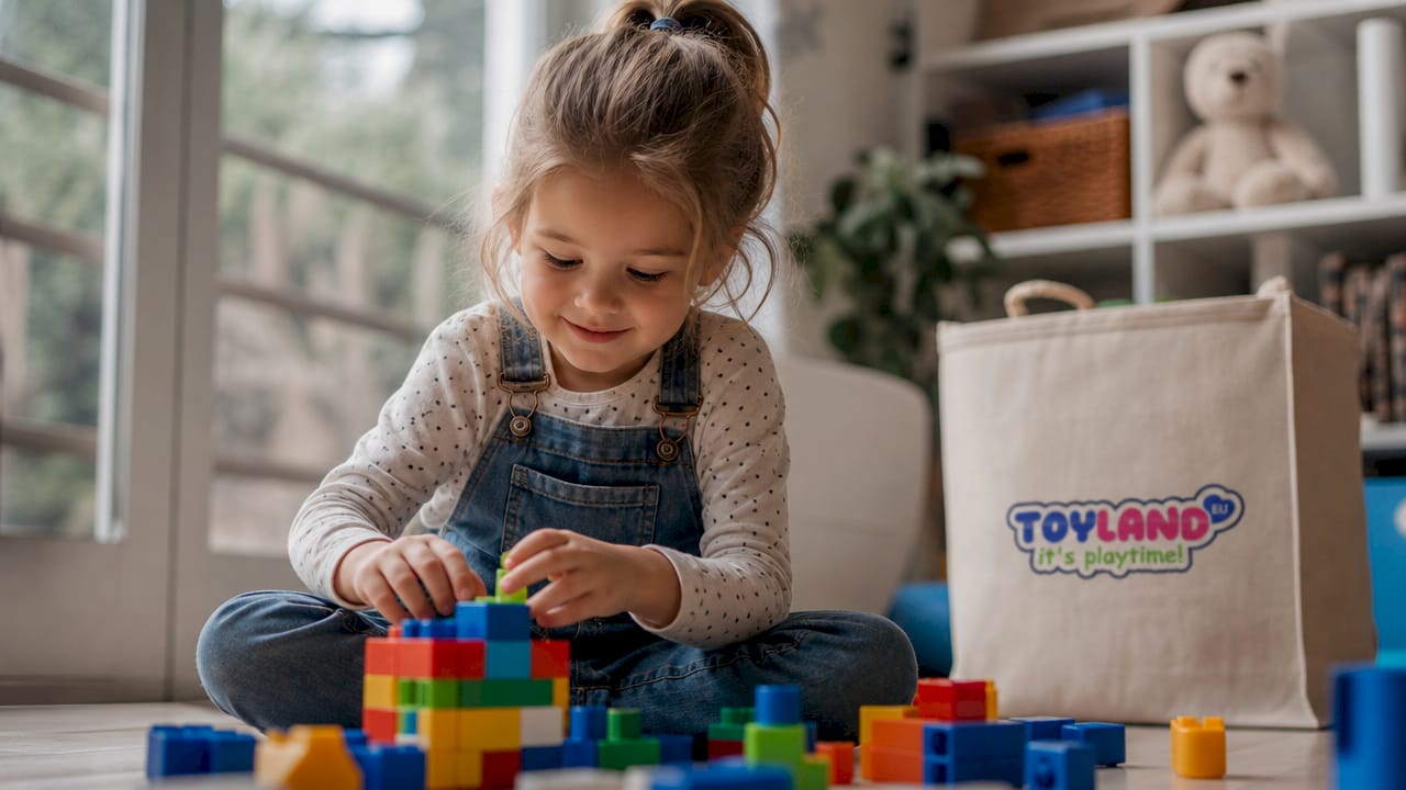 Child opening blind box toy in playroom