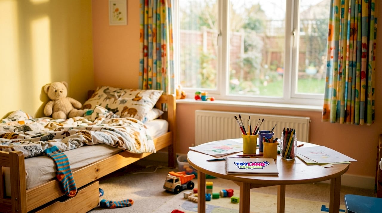 Calm children's bedroom with soft pastel colors