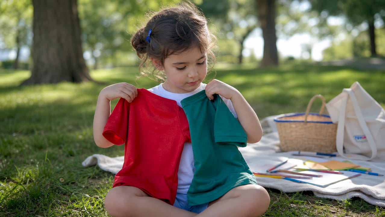 Child choosing between two colored shirts in playroom