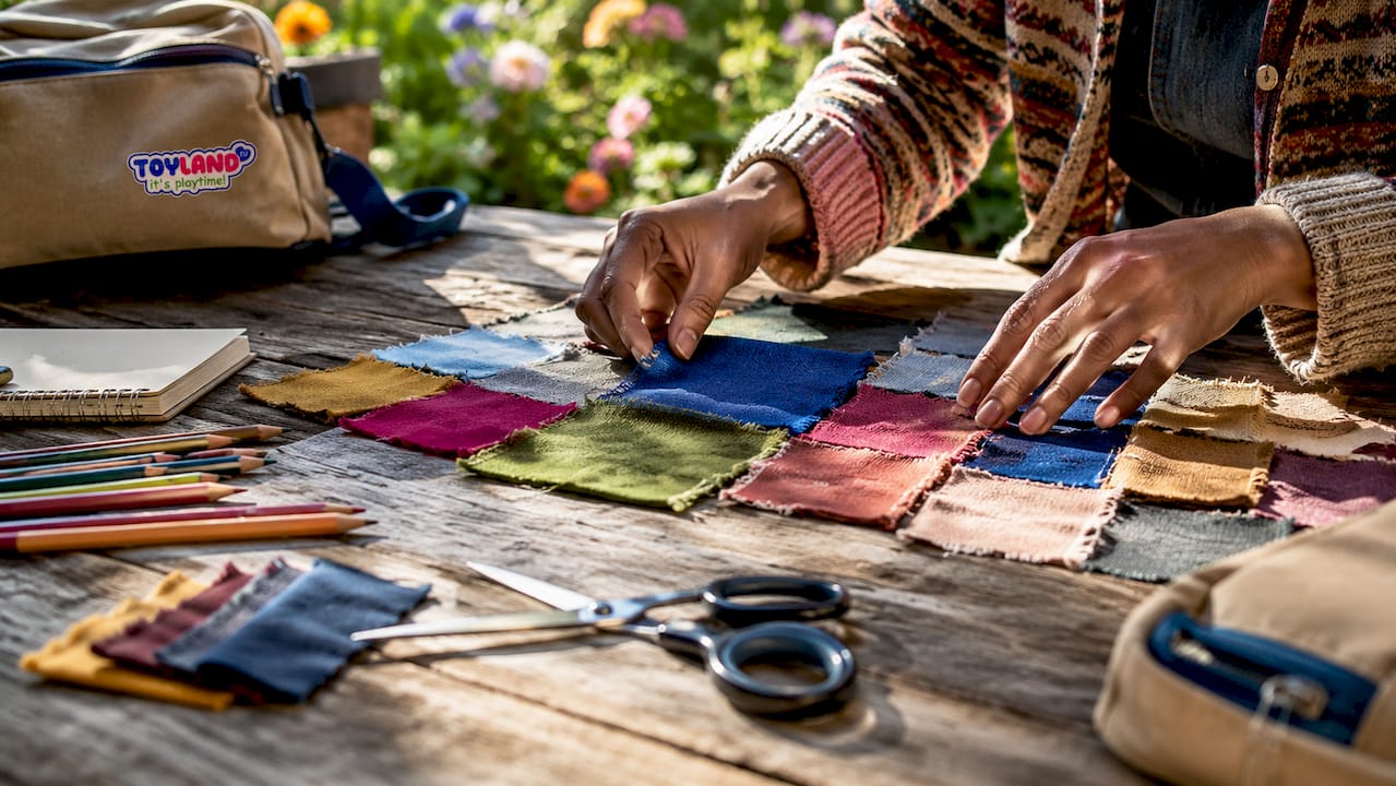 Hands arranging colorful fabric swatches on table
