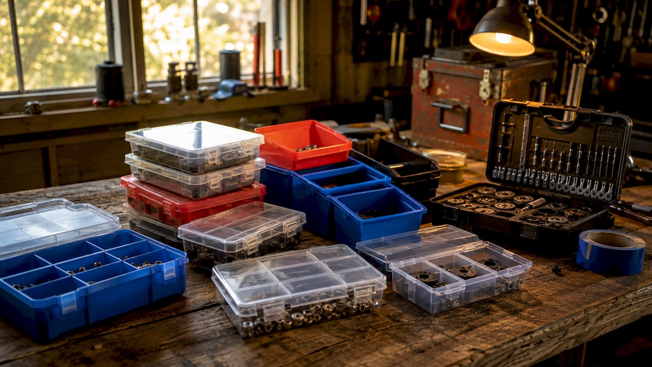 Assorted small parts organizers on electronics workbench