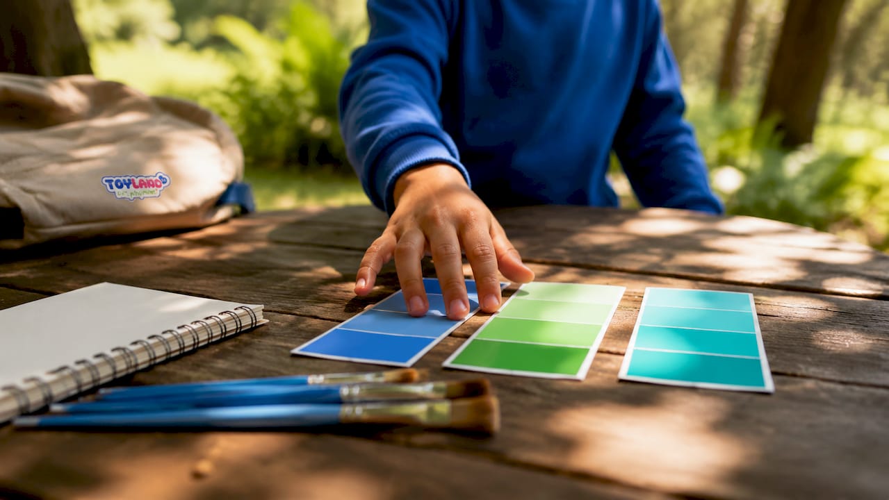 Child holding paint swatches showing color saturation