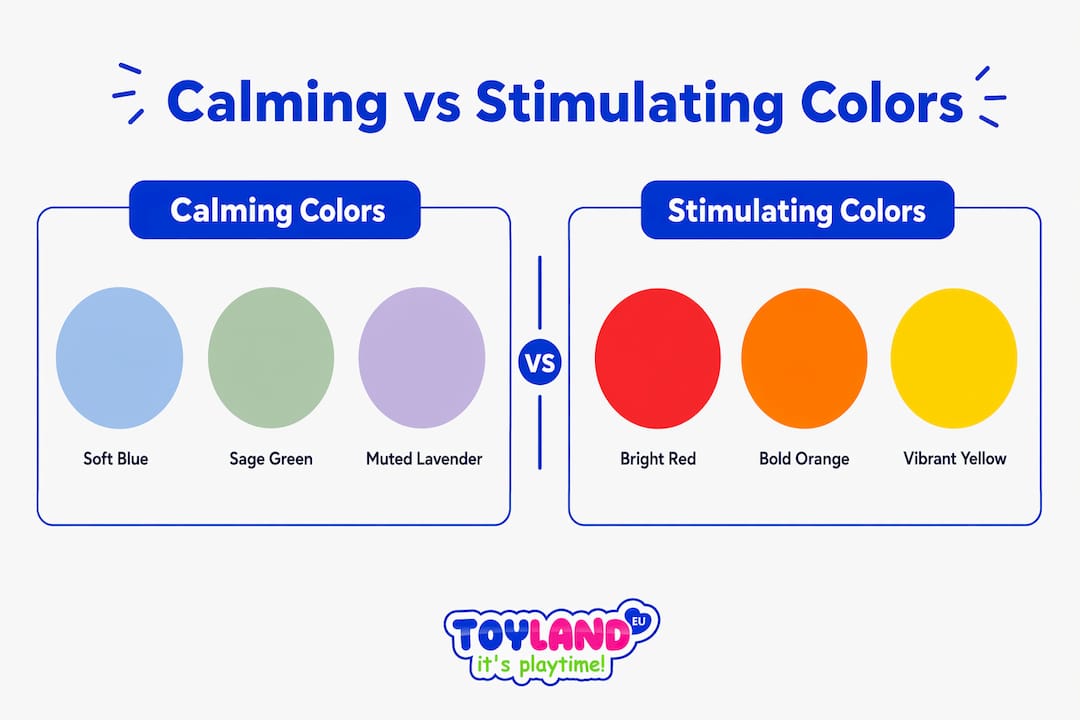 Infographic comparing calming and stimulating colors for children