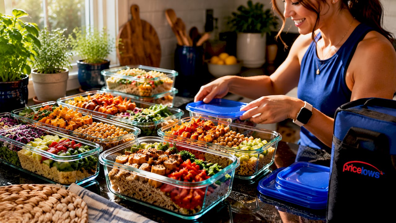 Glass storage containers with meal prep ingredients