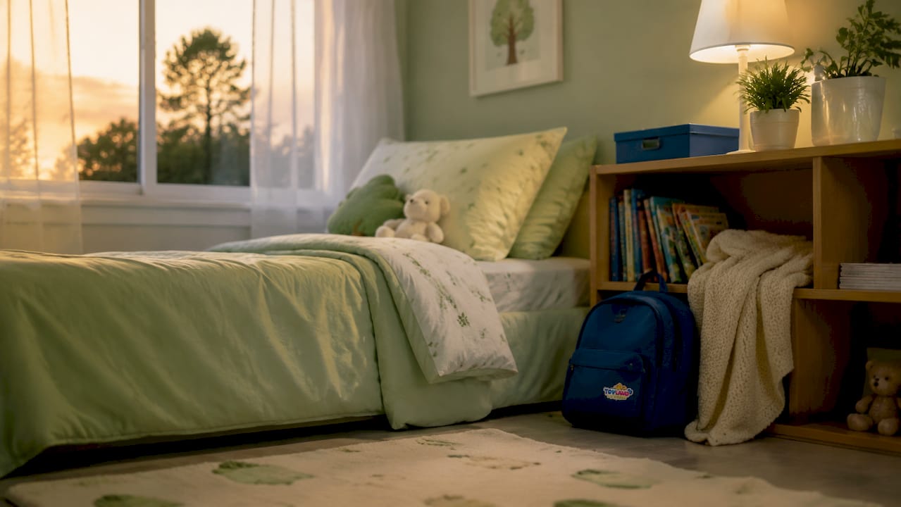 Muted dusty blue kids bedroom bed corner