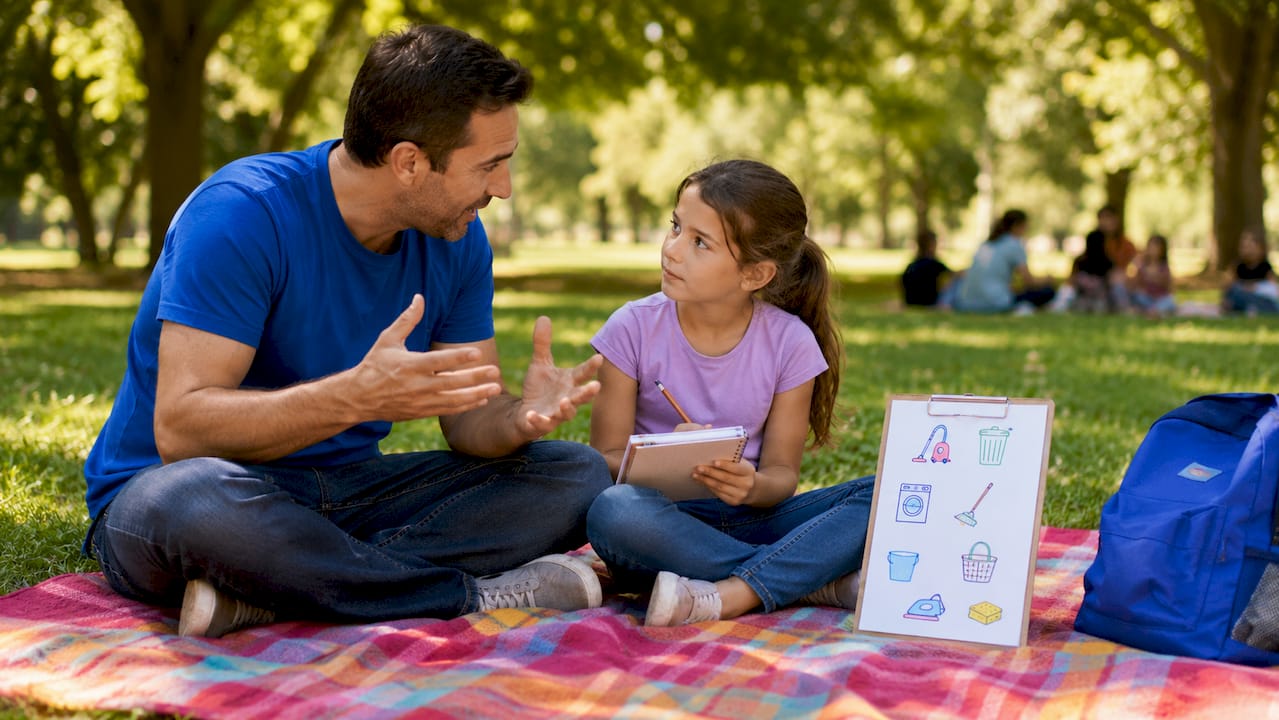 Father discussing chores linked to allowance with daughter