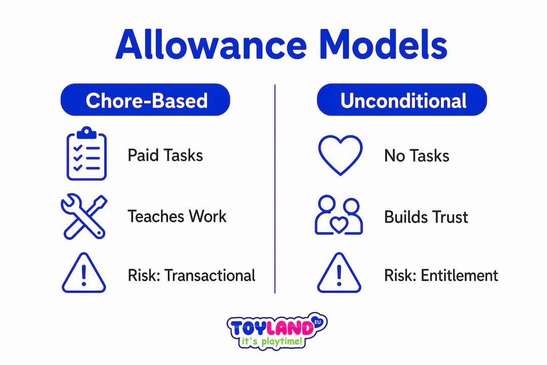 Infographic comparing chore-based and unconditional allowance models