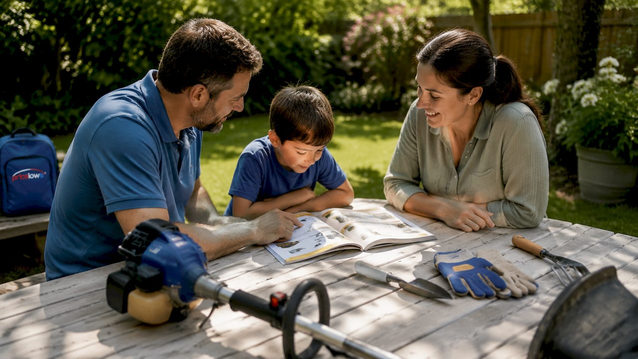 Family reviewing yard tools guide outdoors
