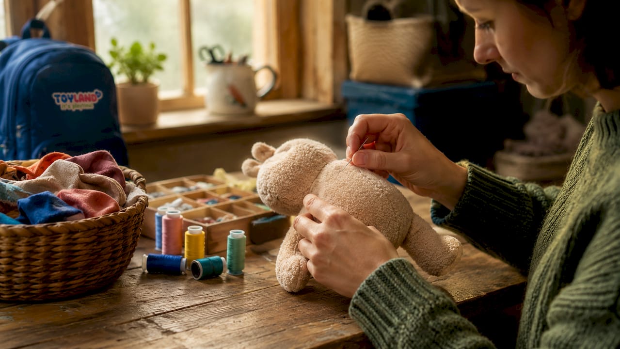 Hands stitching seam on plush toy repair