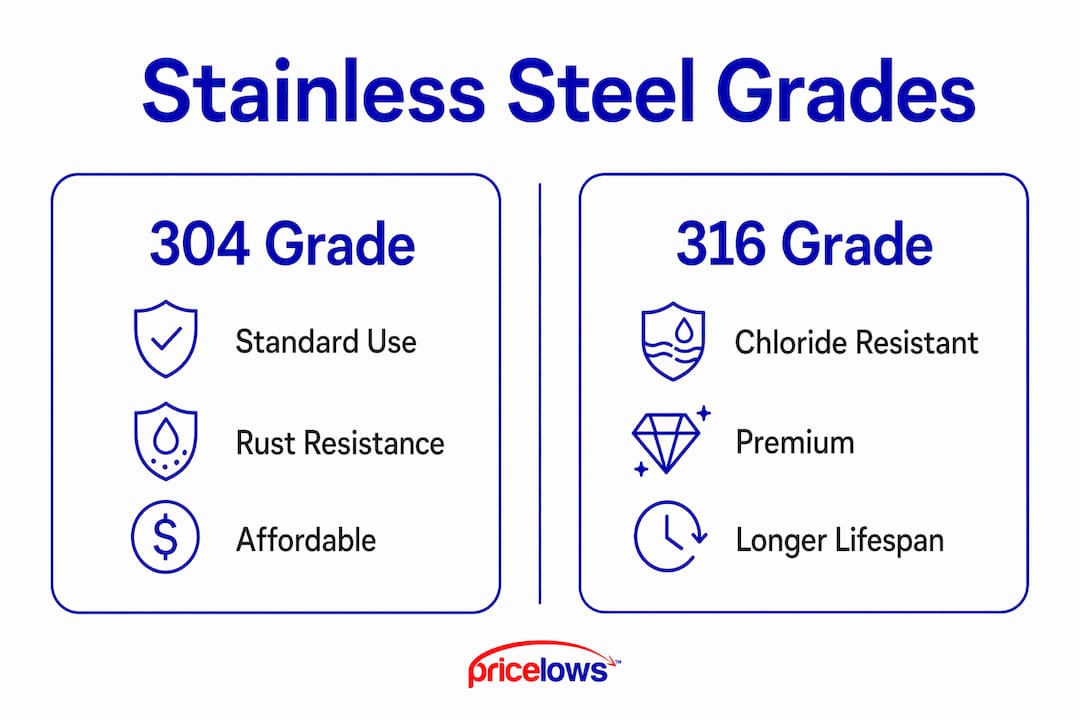 Infographic comparing 304 and 316 stainless steel grades