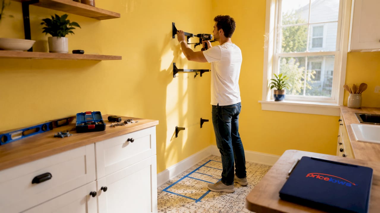 Man installing wall shelves in small room
