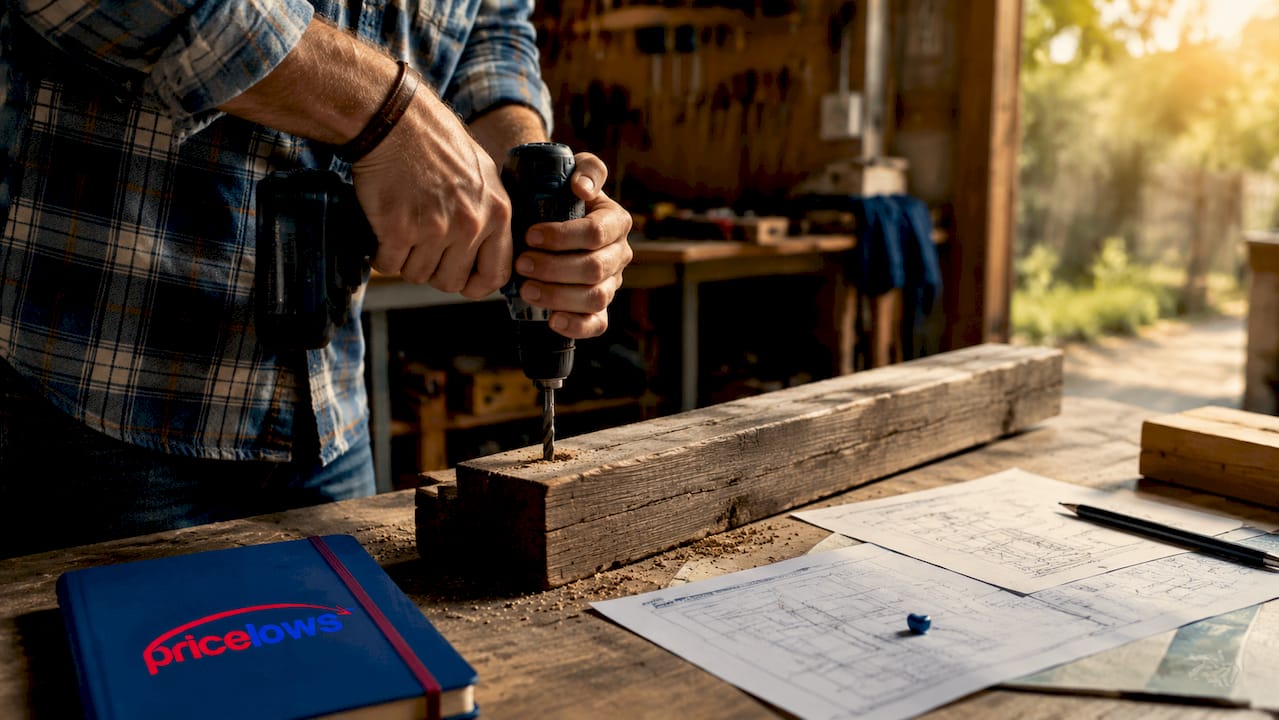 Hands pre-drilling screw hole in 2x4 lumber
