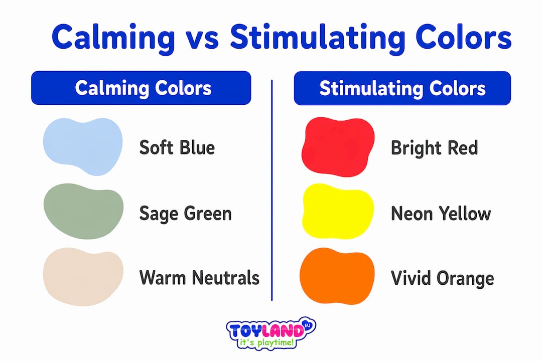 Infographic comparing calming and stimulating colors for kids