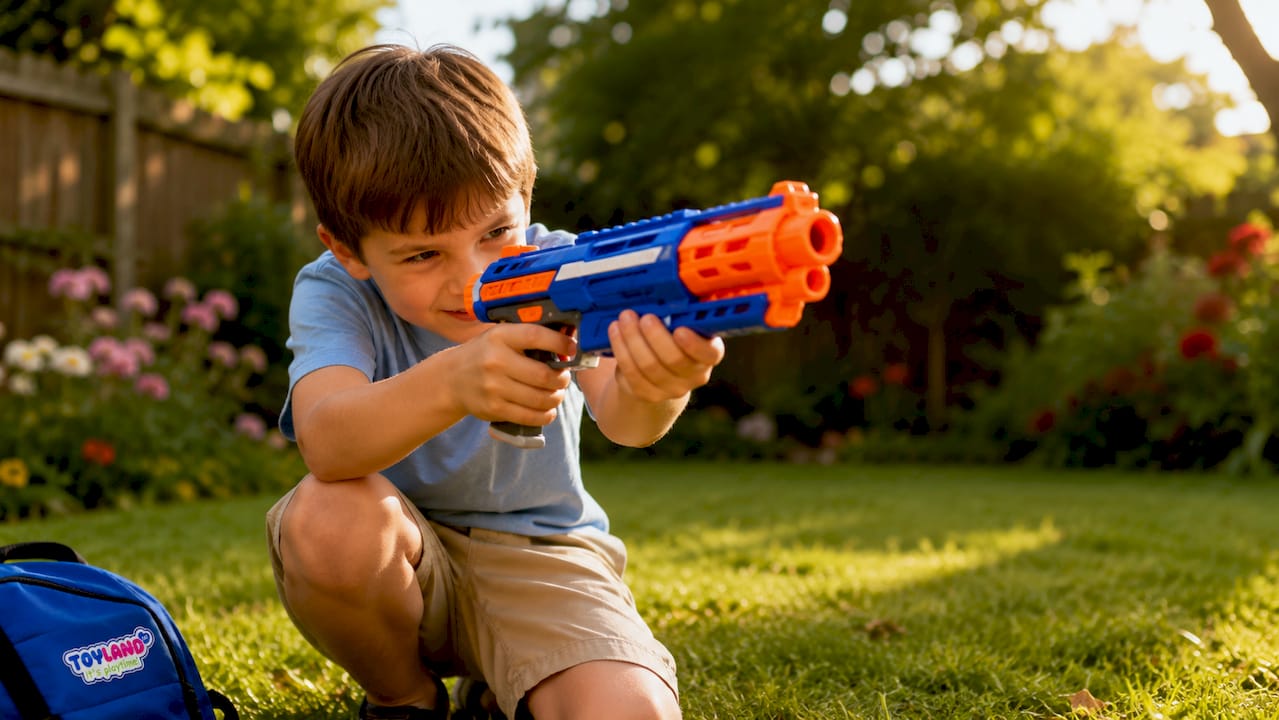 Young boy playing with foam dart toy gun indoors