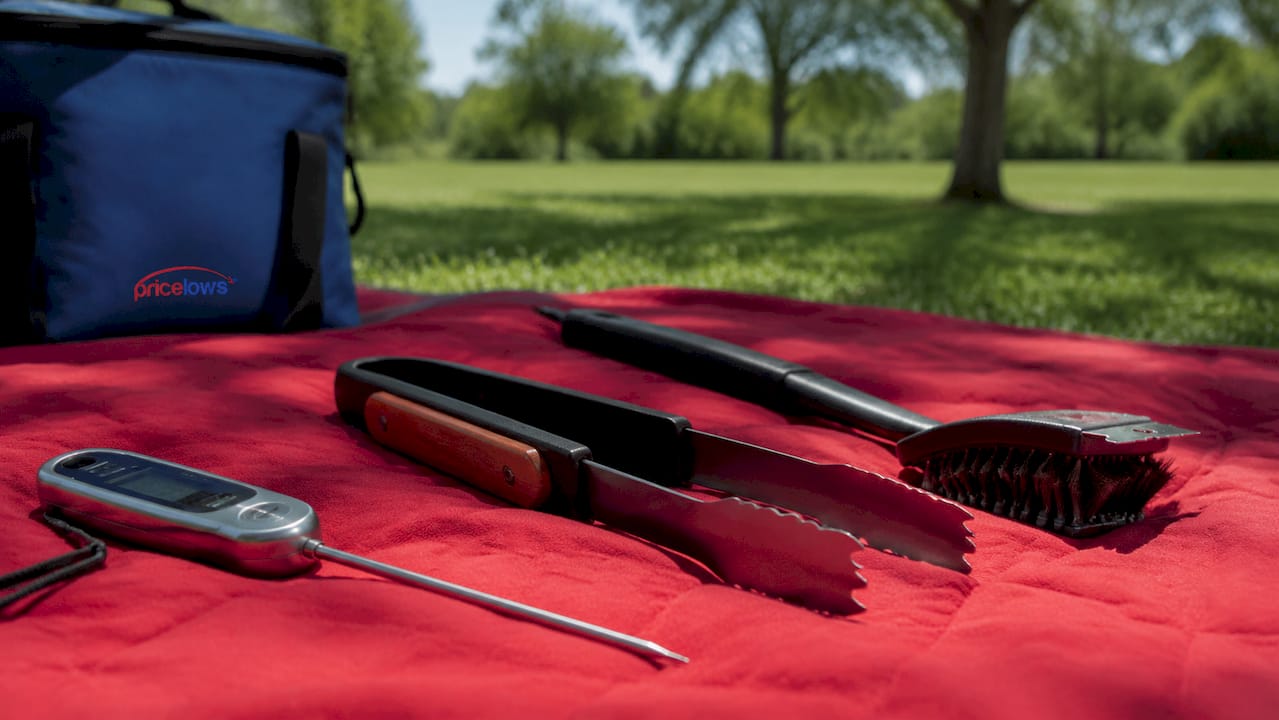 Close-up of grilling tools on wooden table