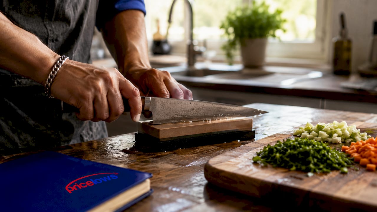 Hands sharpening chef's knife on wooden board