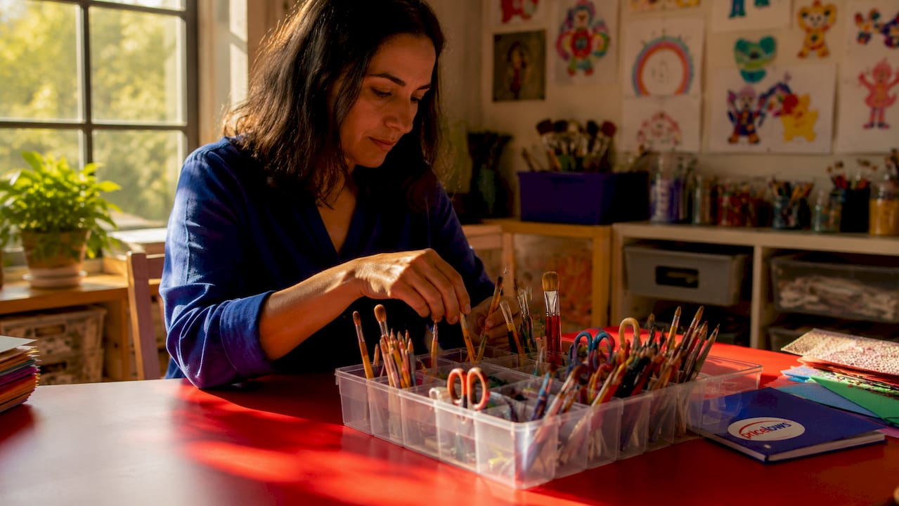 Hands organizing craft supplies in workstation