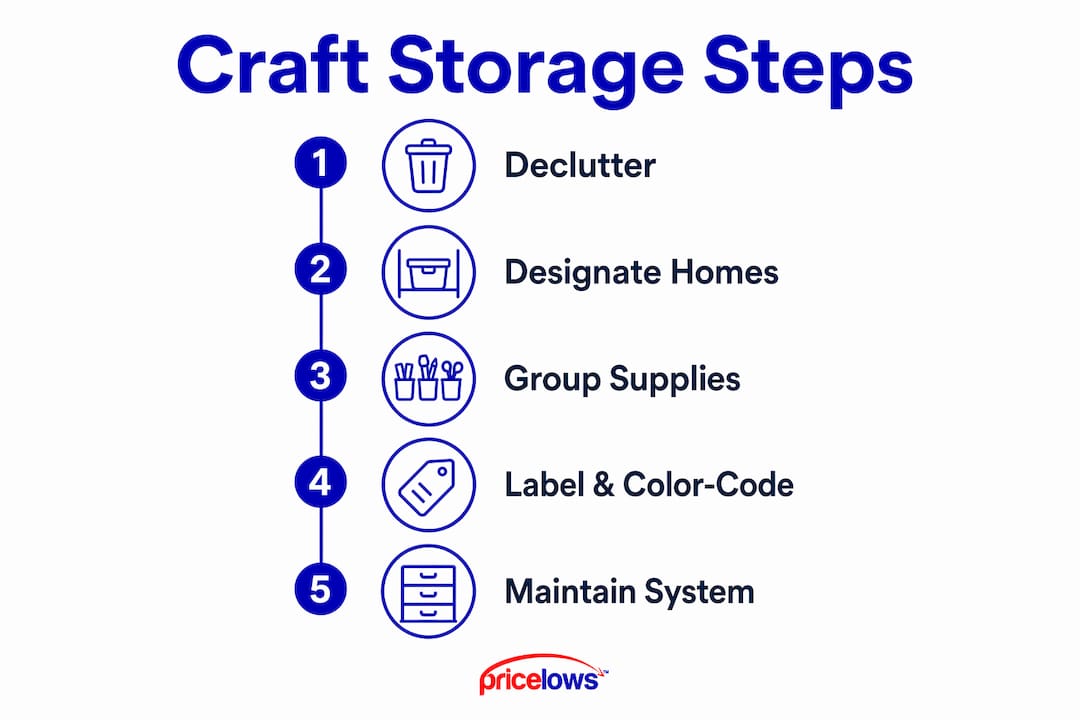 Infographic showing craft supply storage steps