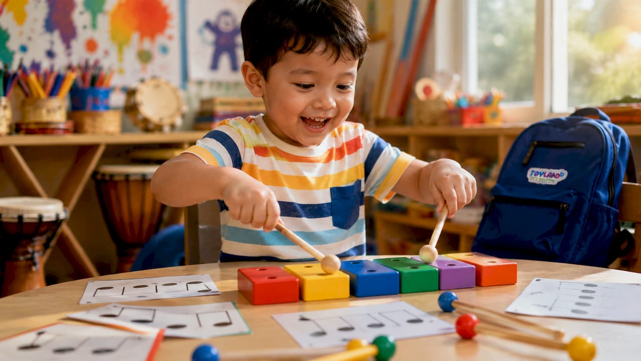 Child playing percussion instrument close-up