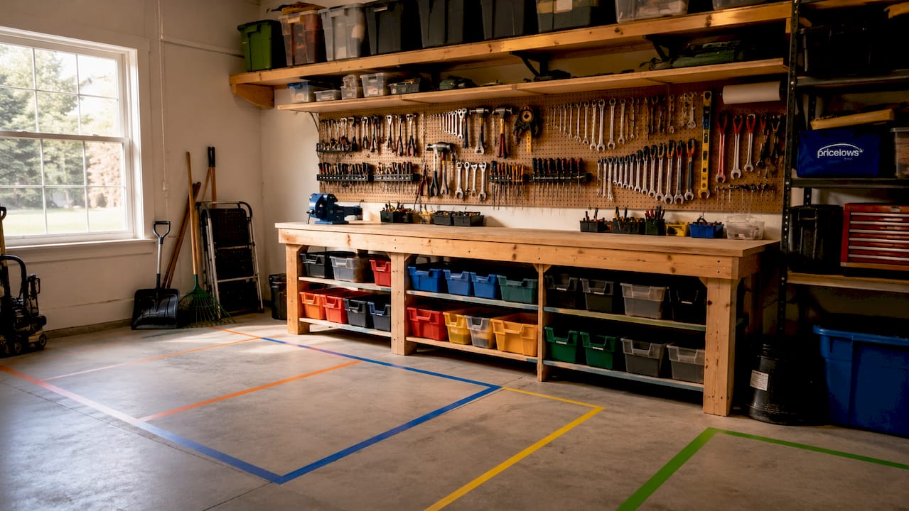 Garage wall hobby zones with labeled storage and tape markings