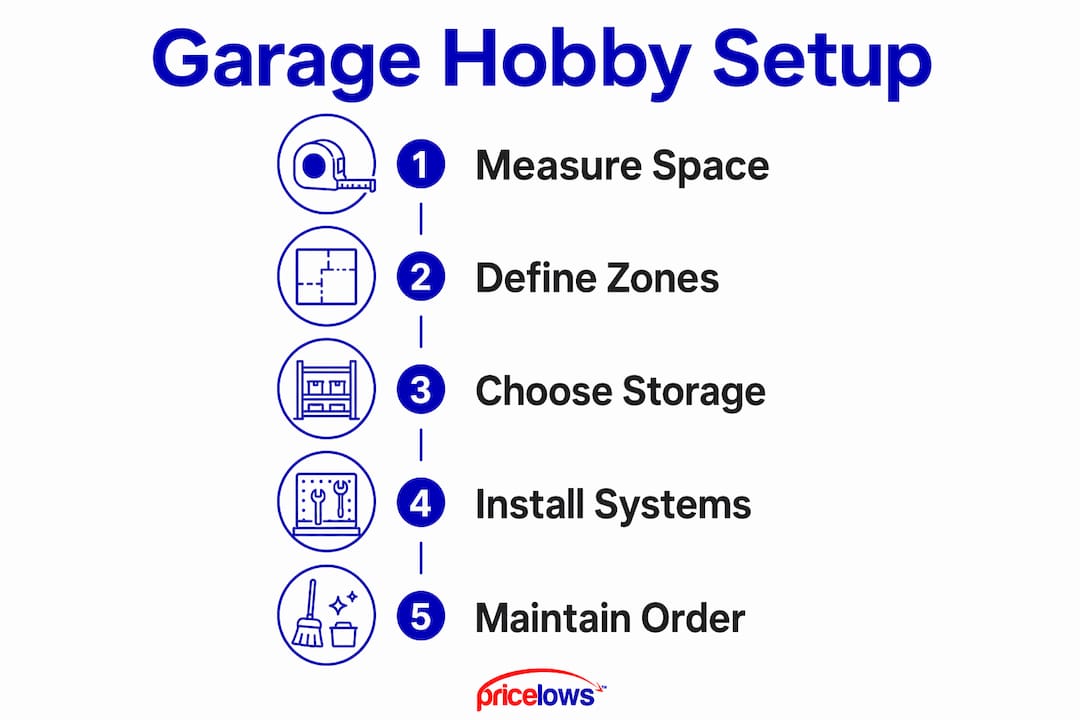 Infographic showing 5 key steps to set up garage hobby space