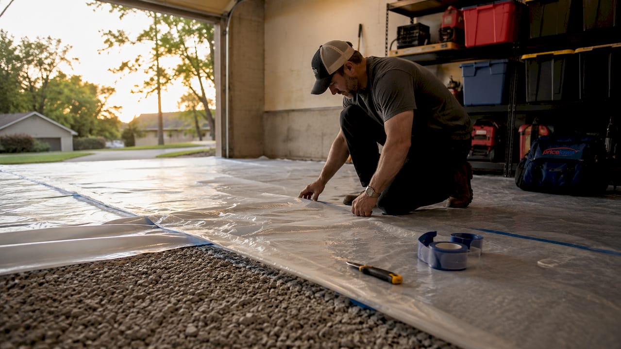 Close-up of vapor barrier application on garage concrete slab