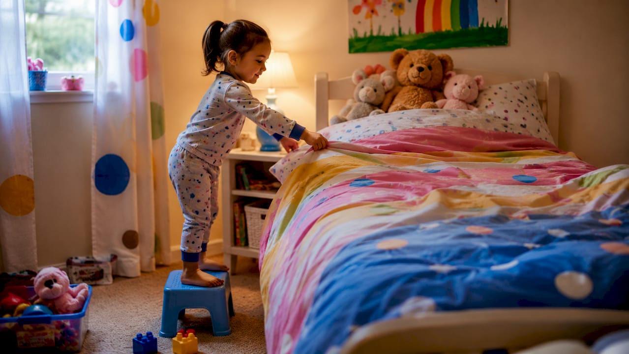 5 year old child making bed in bedroom