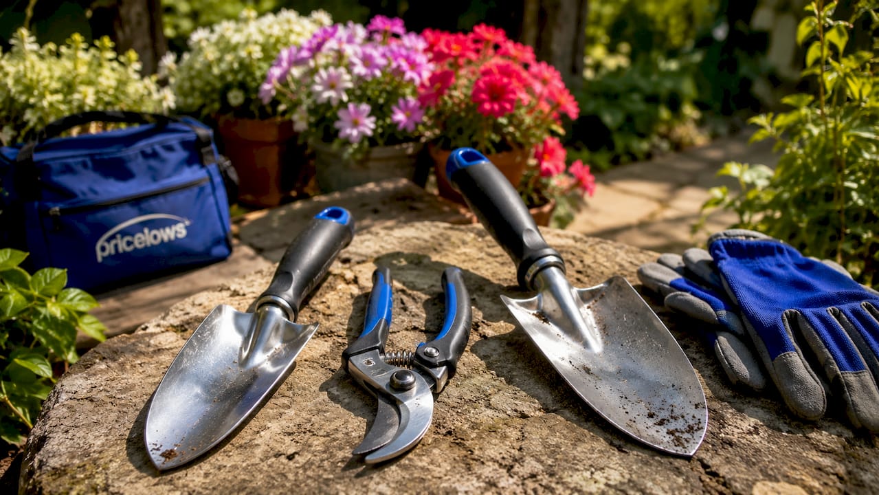 Close-up of steel garden hand tools on wood bench