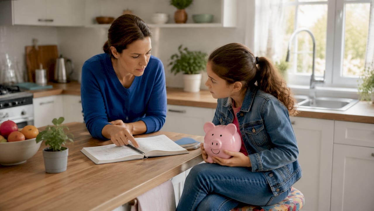 Parent and child discussing allowance risks and benefits