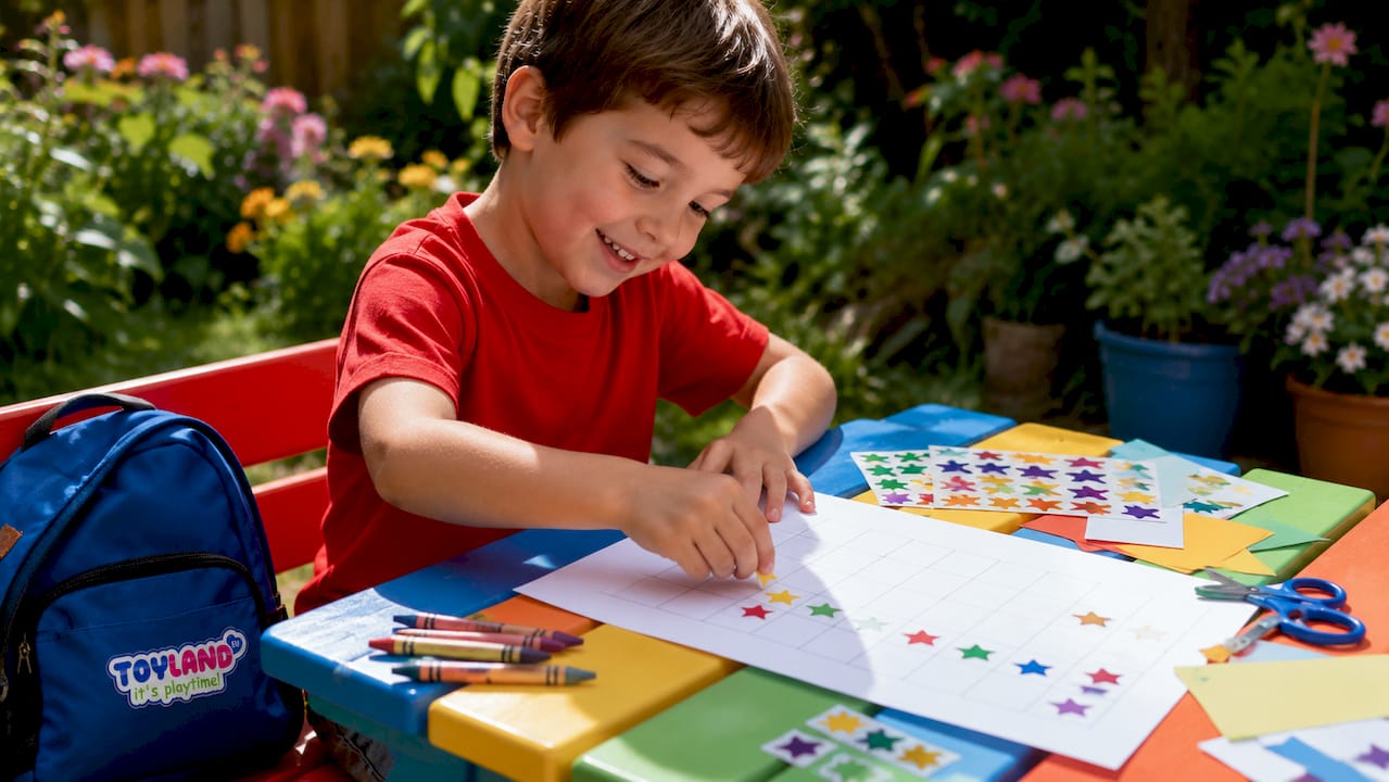 Child decorating chore chart with stickers