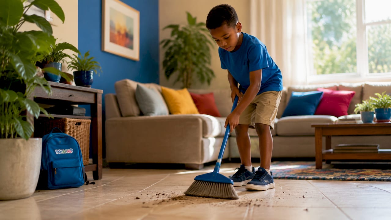 7-year-old boy sweeping kitchen floor indoors