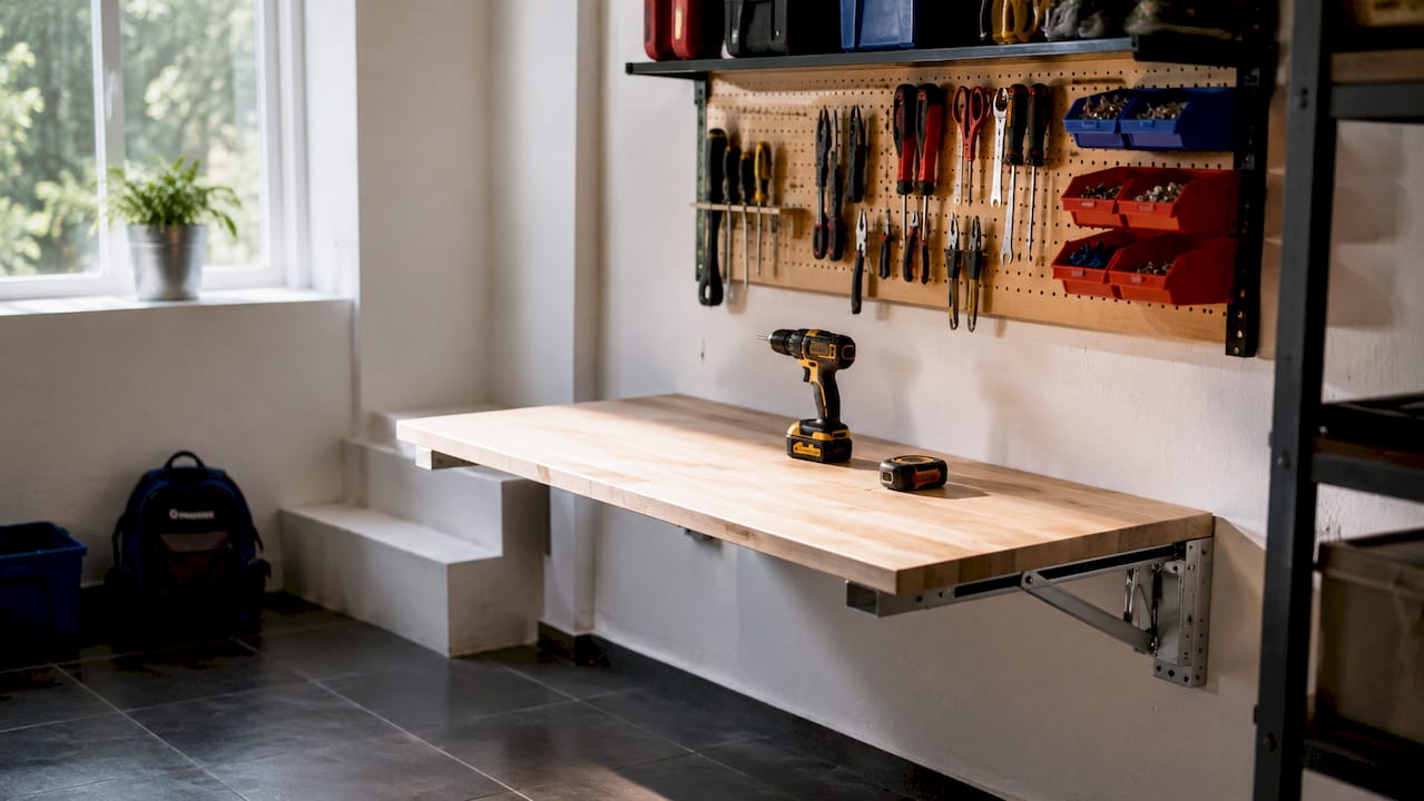 Compact fold-down garage workbench with tools