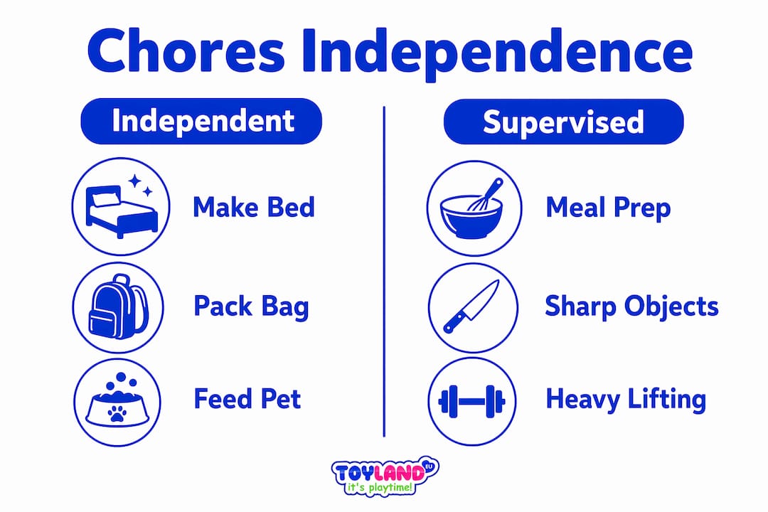 Infographic comparing independent vs supervised chores for 8-year-olds