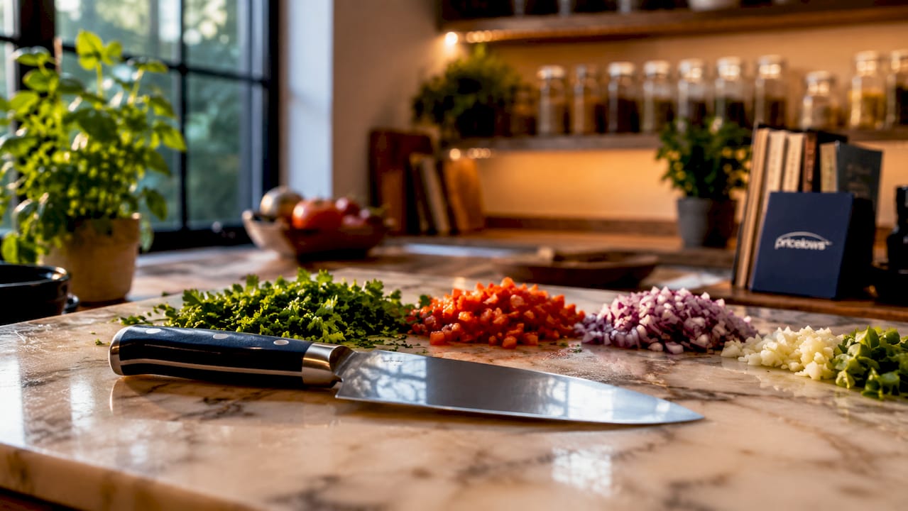 Chef's knife and whetstone on cutting board with logo