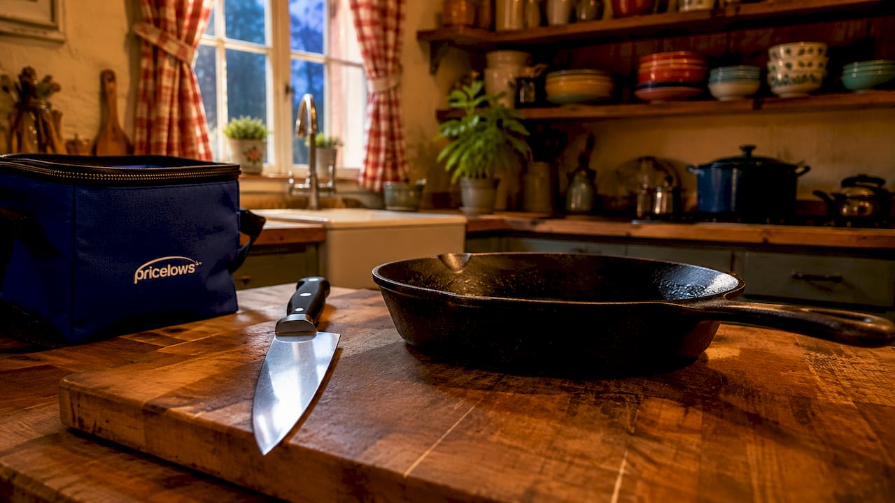 Close-up of chef's knife and skillet with PriceLows™ logo