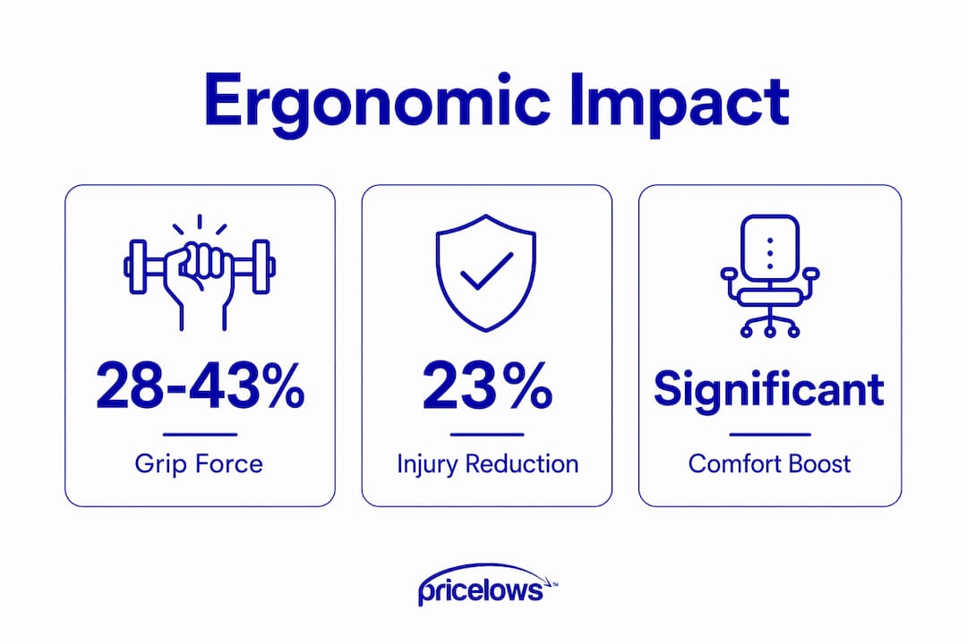Infographic showing ergonomic tools grip force and injury reduction stats