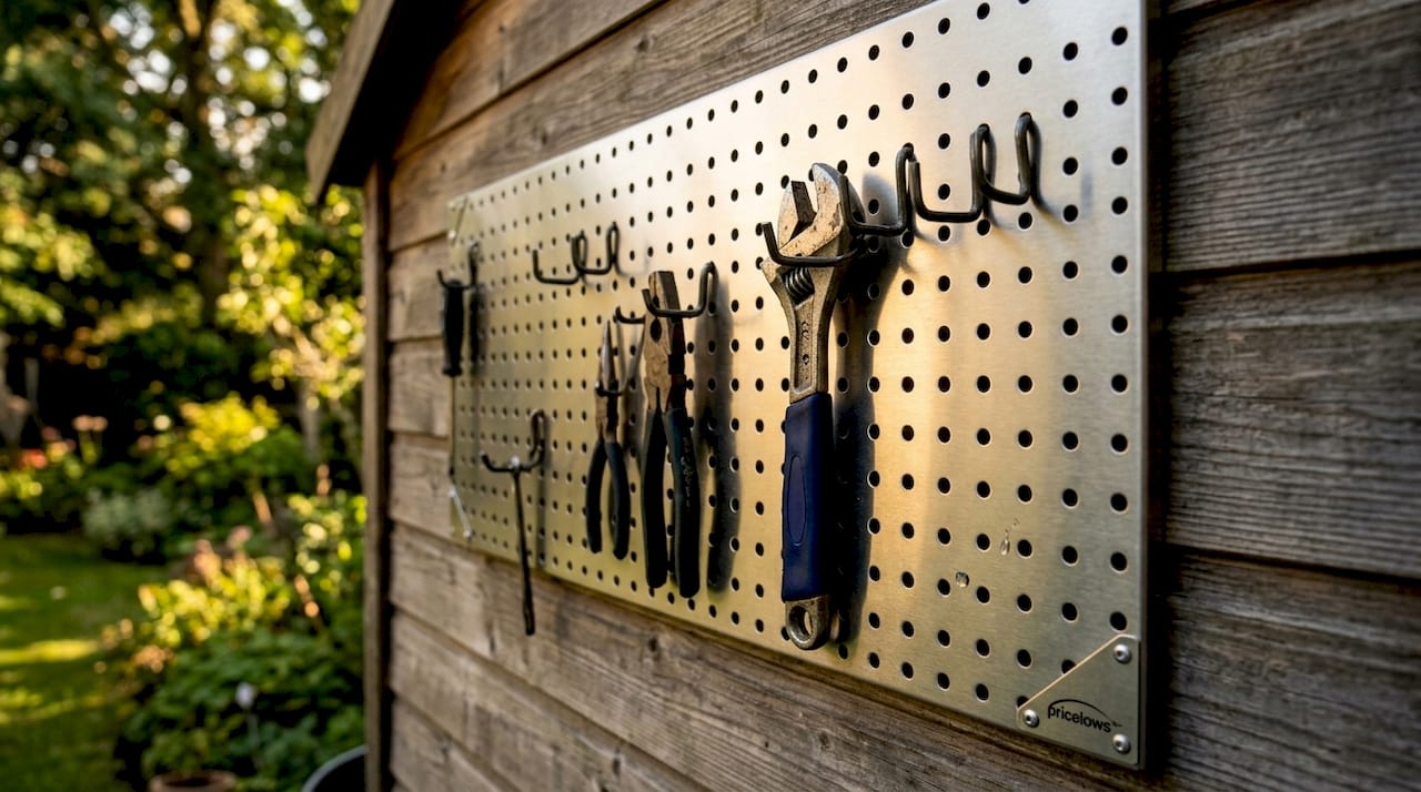 Close-up metal pegboard with tools and PriceLows logo