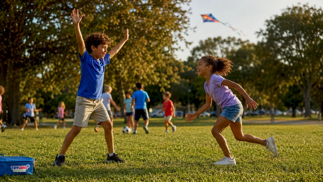Kids playing freeze tag in park