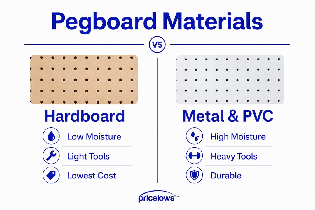 Infographic comparing pegboard materials hardboard versus metal and PVC