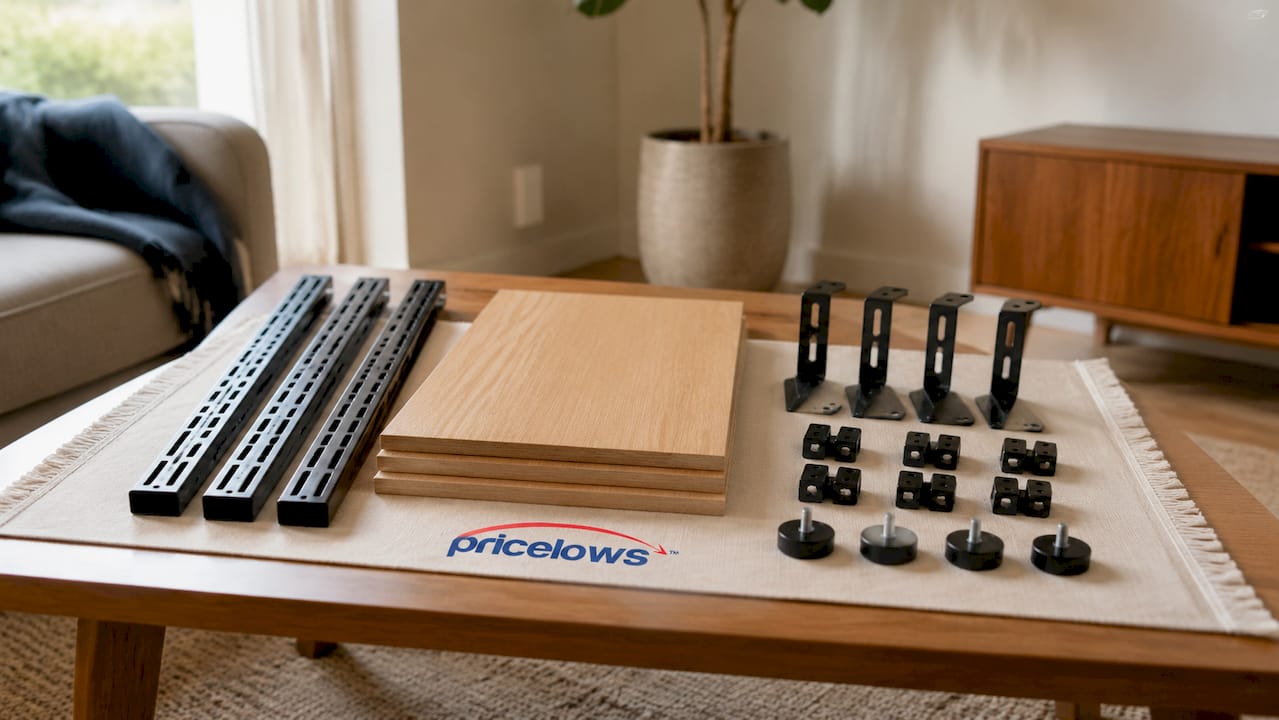 Top-down view of modular shelving parts on workbench