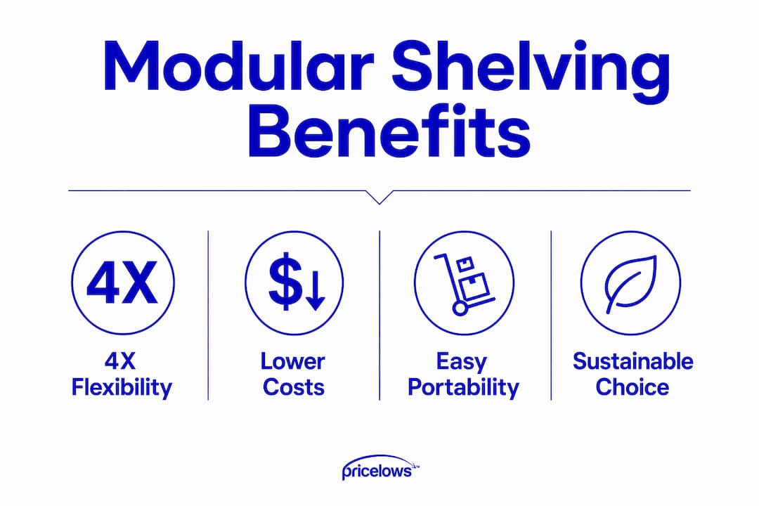 Infographic showing key benefits of modular shelving