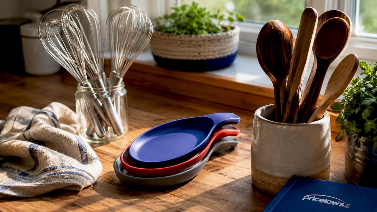 Top-down view of kitchen utensils with PriceLows branding