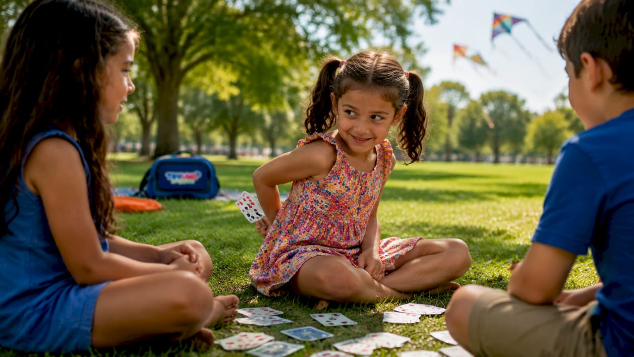 Young girl hiding card during game