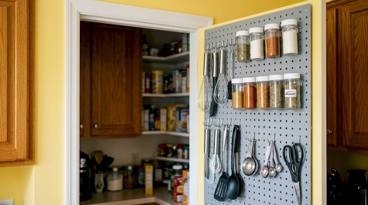 Closet door pegboard organizing accessories and tools
