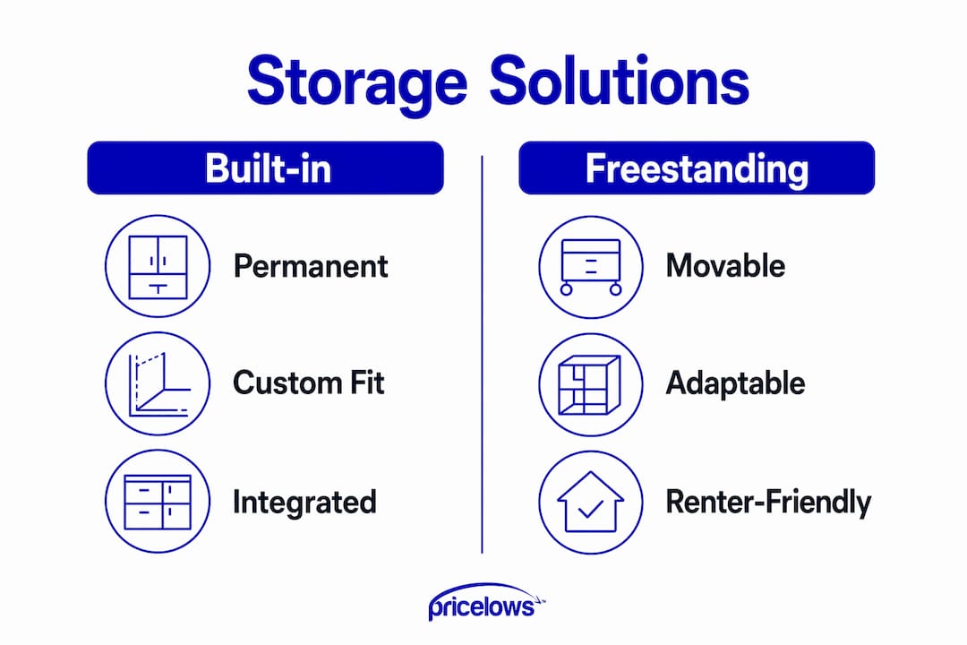 Infographic comparing built-in and freestanding storage solutions